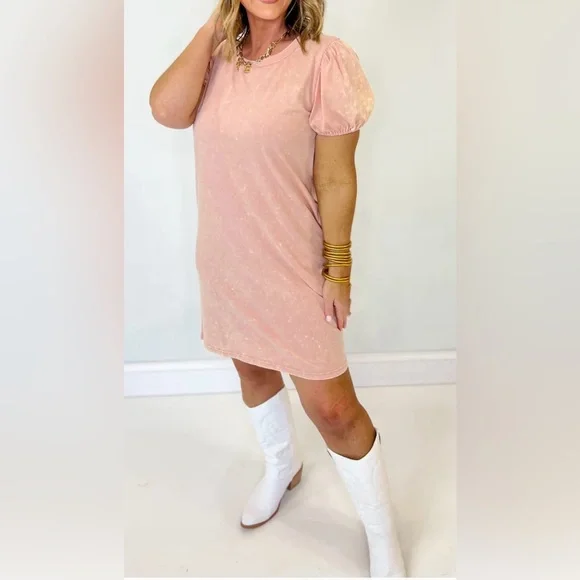 BiBi Pink Puff Sleeve Mineral Wash Dress - Picture 9 of 9